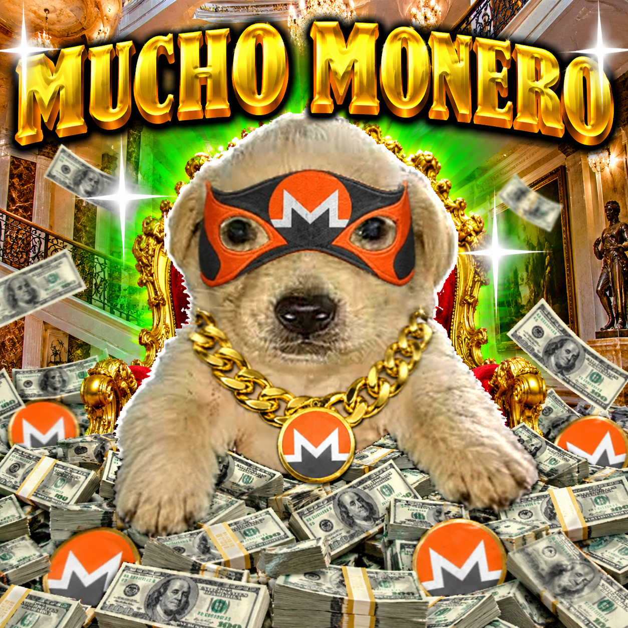 Mucho Monero: Perro on a gold throne surrounded by money